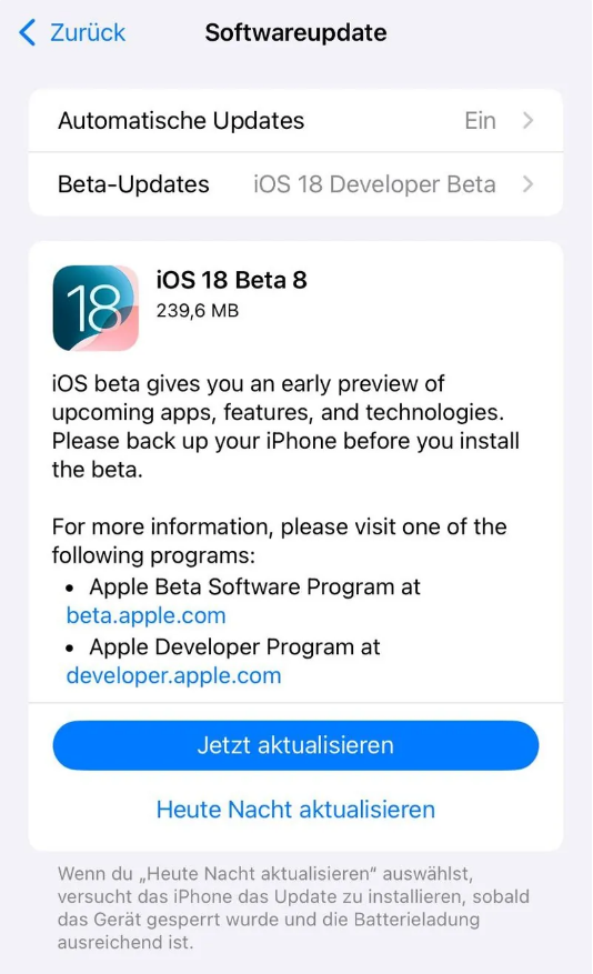 富民苹果手机维修分享苹果 iOS / iPadOS 18 开发者预览版 Beta 8 发布 